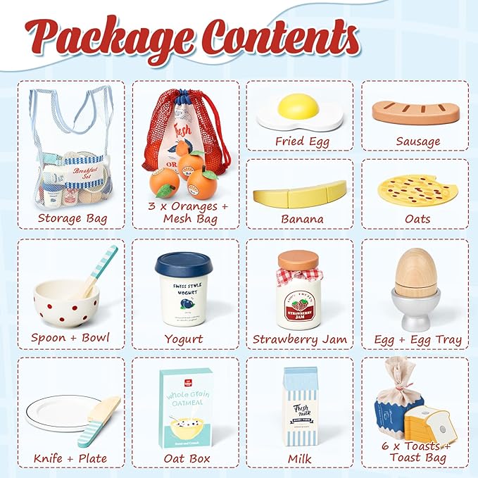 Lehoo Castle Play Food Sets for Kids Kitchen, Wooden Toys Play Kitchen Accessories, Fake Food Pretend Play for Toddlers 3-5, Realistic Food Playset Cutting Fruit Bread Egg Bag, 3 Year Old Girl Gift