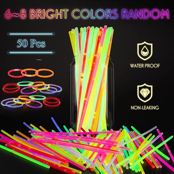 50Pcs Glow Sticks,Glow In The Dark Sticks,8" Glowsticks Light Up Sticks Party Favors for Kids Adults, Glow Sticks Bulk with Connectors for Necklaces Bracelets Party Supplies