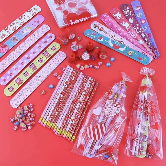 40pack 360x Valentine's Day Stationery Party Favors Bulk: Valentine's Pencil Eraser Slap Bracelets Stamps Treat Bags for Kids Classroom Gift Exchange School Games Prizes Reward Prizes Carnival Events