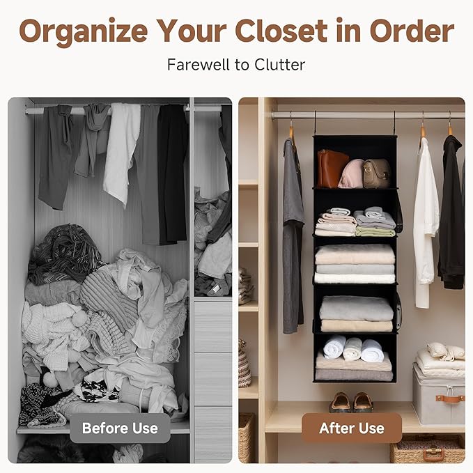 StorageWorks 5-Shelf Hanging Closet Organizers, Foldable Closet Storage Organizer with 2 Side Pockets, Portable Hanging Shelves for Clothes, Sweater, Towels, 12 1⁄2" D x 15" W x 48" H, Black