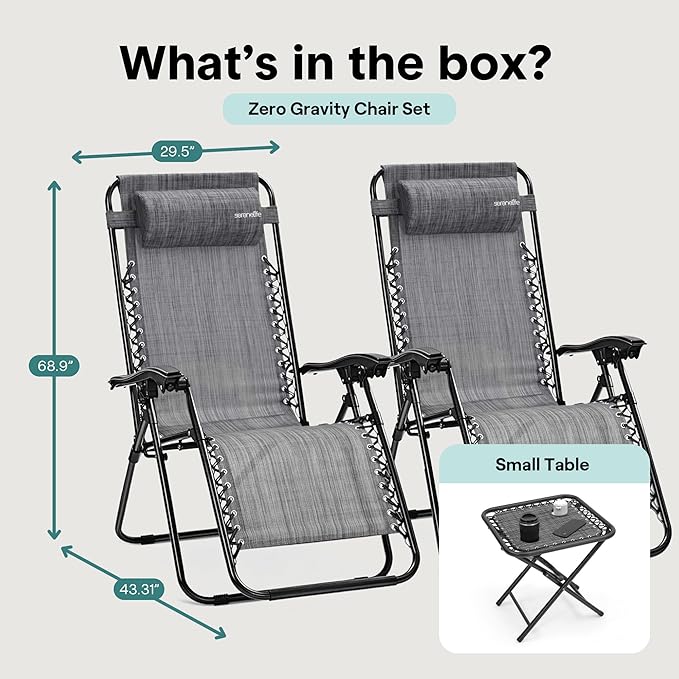 SereneLife Outdoor Zero Gravity Lounge Chair Set with Table – 2 Adjustable Recliners with Cup Holders, Headrest, Steel Frame & Foldable Design for Patio, Pool, Garden, or Camping
