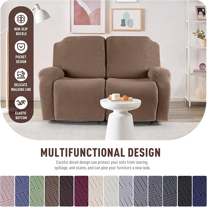 KinCam Recliner Covers, Stretch Reclining Chair Covers, Recliner Sofa Slipcovers Stripe Jacquard Recliner Couch Covers Furniture Protector Covers for Pet Kid (2XL Seater, Light Coffee)