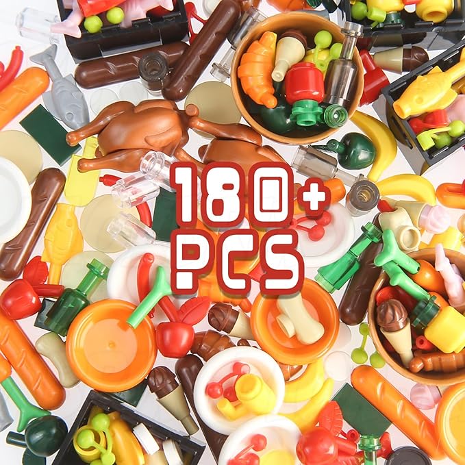 180pcs City-Friends Brick-Food-Pieces -Fruit-Apple-Banana-Pineapple-Cherry Desserts-Ice Cream-Cake-Sweet Cone Picnic--Pizza-Hotdogs-Turkey-Fish-Beer-Money Toys for Extra Bricks