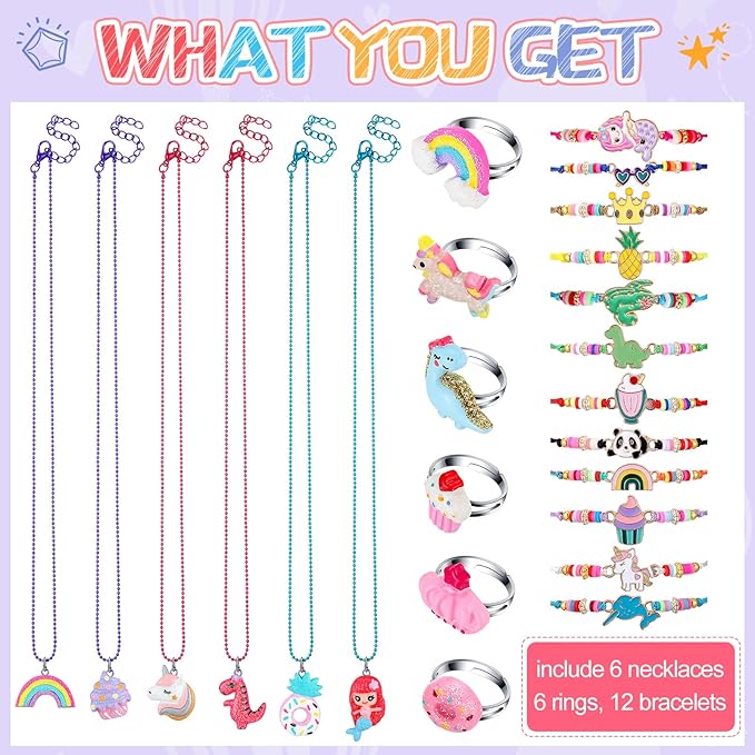 24 Pcs Little Girl Jewelry Set Kids Unicorn Necklace Cute Woven Bracelet Ring for Girls Pretend Dress up Party Favor (Cute Style)