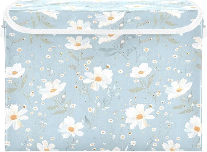 senya Large Storage Bins with Linen Collapsible Foldable Storage Cubes Fabric Closet Organizer Containers box with Flip-Top Lid for Home Bedroom Office 16.7 x 12.6 x 11.8in (White Flowers)