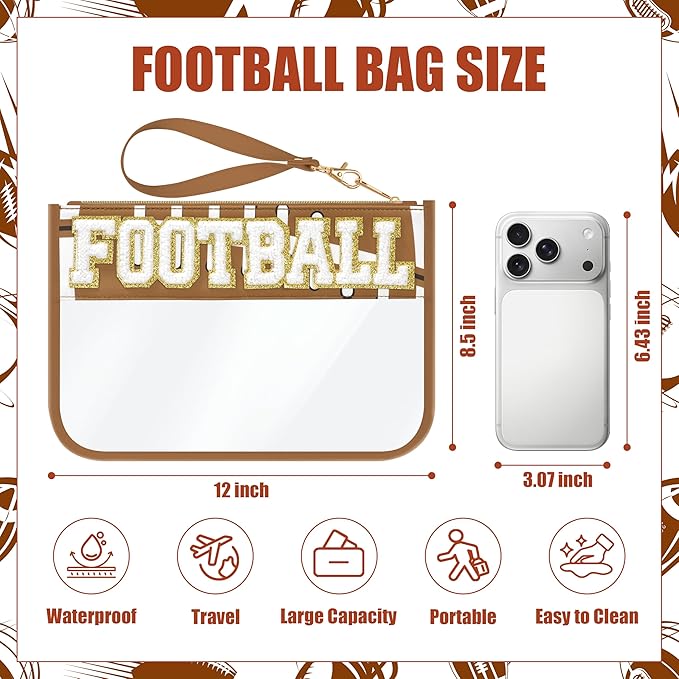 BuyCard Football Gifts Makeup Bag with Chenille Letter Patch, Clear Cosmetic Pouch PVC Organizer Purse, Waterproof Travel Bag, Portable Toiletry Storage Bag for Her Friends