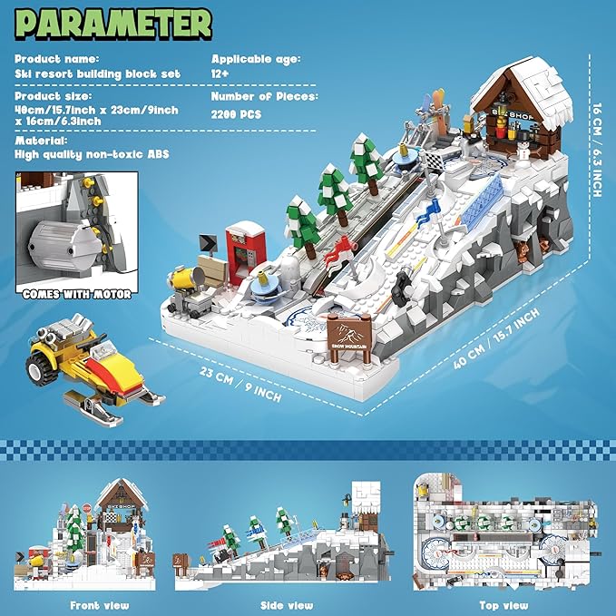 Ski Slope Building Block Sets for Adults, Ski Resort Building Toy with a Ski Shop and Snow Mobile, Architecture Building Block Models Construction, Ideal Gift for Adult Teen and Ski Fans (2200PCS)