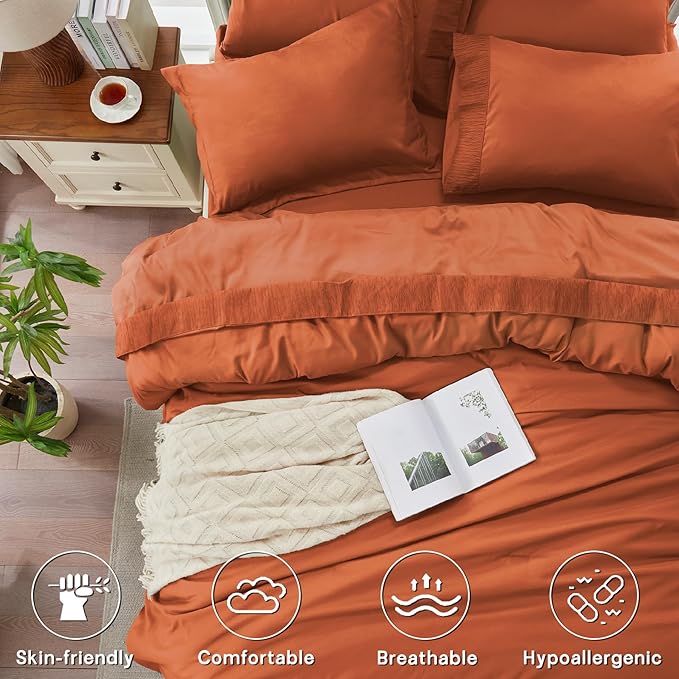 Anluoer Burnt Orange Full Comforter Set 7 Pieces, Bed in a Bag with Sheets, All Season Bedding Sets with 1 Comforter, 2 Pillow Shams, 2 Pillowcases, 1 Flat Sheet, 1 Fitted Sheet