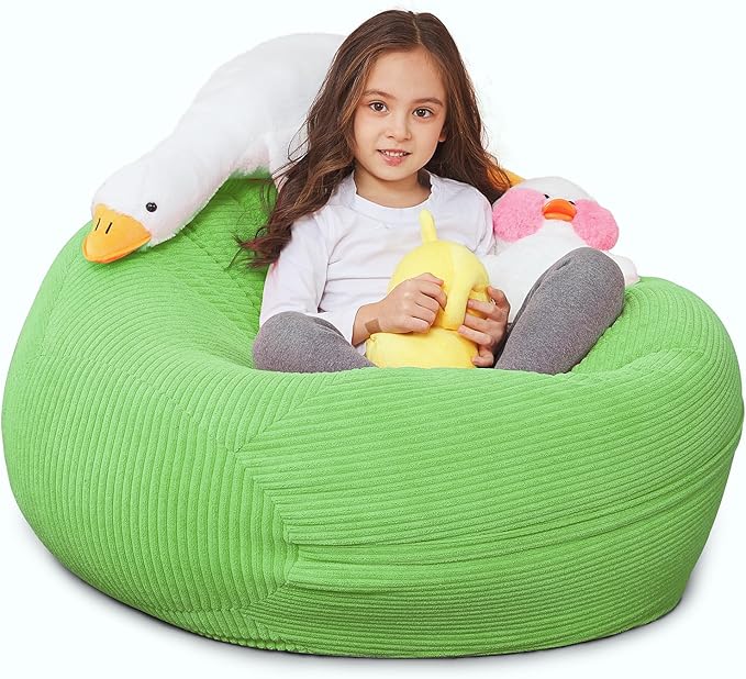 Stuffed Animal Storage Bean Bag Chair Cover for Kids, 38" Beanbag Chairs Cover Plush Toys Organizer Super Soft Corduroy with Handle and Zipper for Boys and Girls - Green