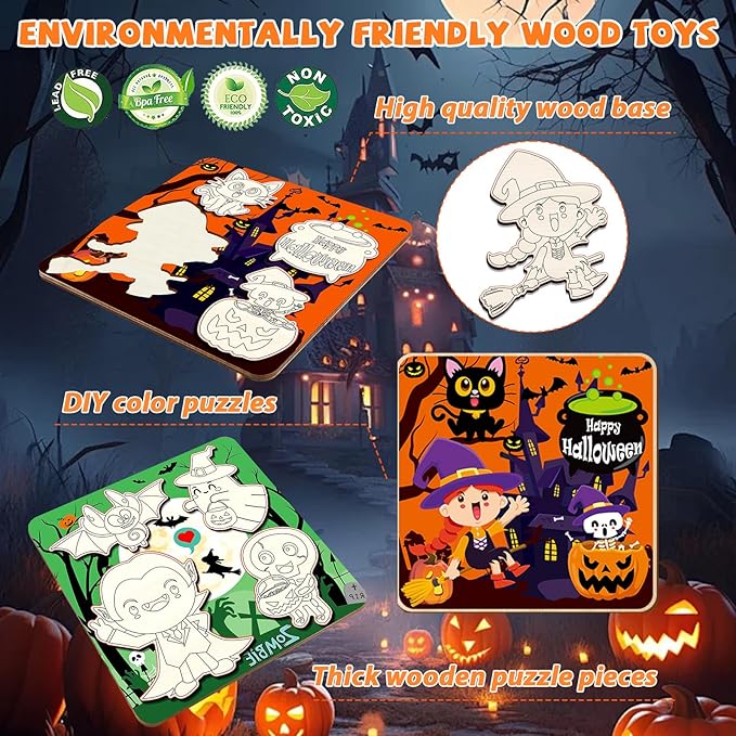 Halloween Wooden Puzzles for Toddlers Halloween Puzzles Coloring Craft Kits for Kids Boys Girls Montessori Toys Halloween Party Favors Treat Bag Gifts Educational Learning Jigsaw Puzzle, 3 Pack