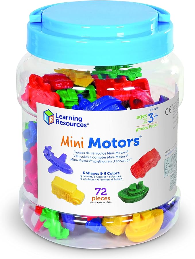 Learning Resources Mini Motors Counting and Sorting Fun Set - 72 Pieces, Ages 3+ Car Counters for Kids, Preschool Math Counters, Math for Preschoolers