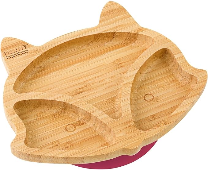 Bamboo Baby Plate with Suction - Kids and Toddler Suction Cup Plate for Babies, Non-toxic All-Natural Bamboo Baby Food Plate Stays Cool to the Touch for Baby-Led Weaning (Fox-Cherry)