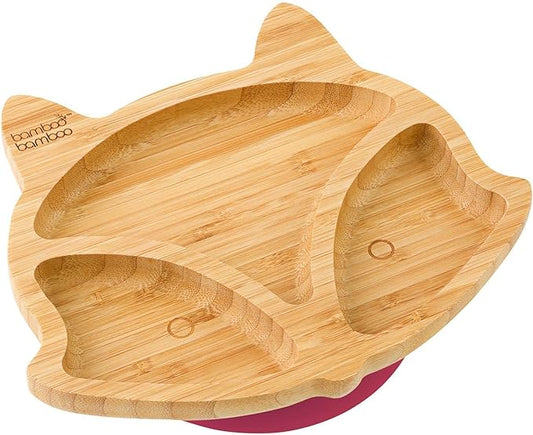 Bamboo Baby Plate with Suction - Kids and Toddler Suction Cup Plate for Babies, Non-toxic All-Natural Bamboo Baby Food Plate Stays Cool to the Touch for Baby-Led Weaning (Fox-Cherry)