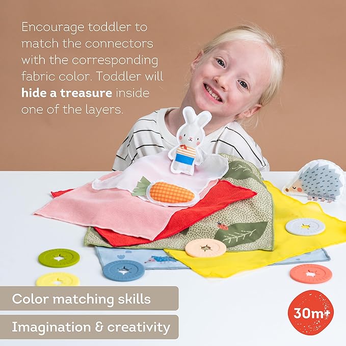 Taf Toys Peek-a-Boo What's Inside? Sensory Toy for Babies 18 Months & up, Montessori Tissue Toy for Color Matching & Fine Motor Skills Development, Baby Toy with Hidden Activity Toys
