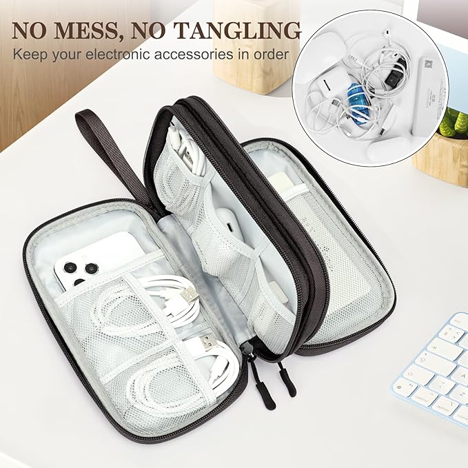 FYY Electronic Organizer, Travel Cable Organizer Bag Pouch Electronic Accessories Carry Case Portable Waterproof Double Layers Storage Bag for Cable, Charger, Phone, Earphone, Medium Size- Coffee