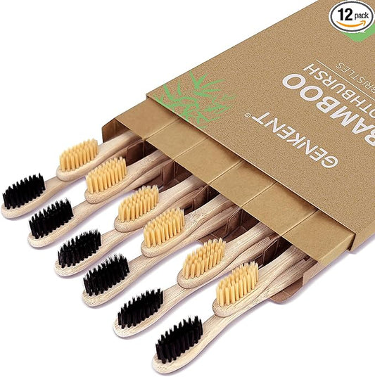 GENKENT 12 Counts Bamboo Toothbrushes BPA Free Soft Bristles Travel Toothbrush Natural Charcoal Toothbrush