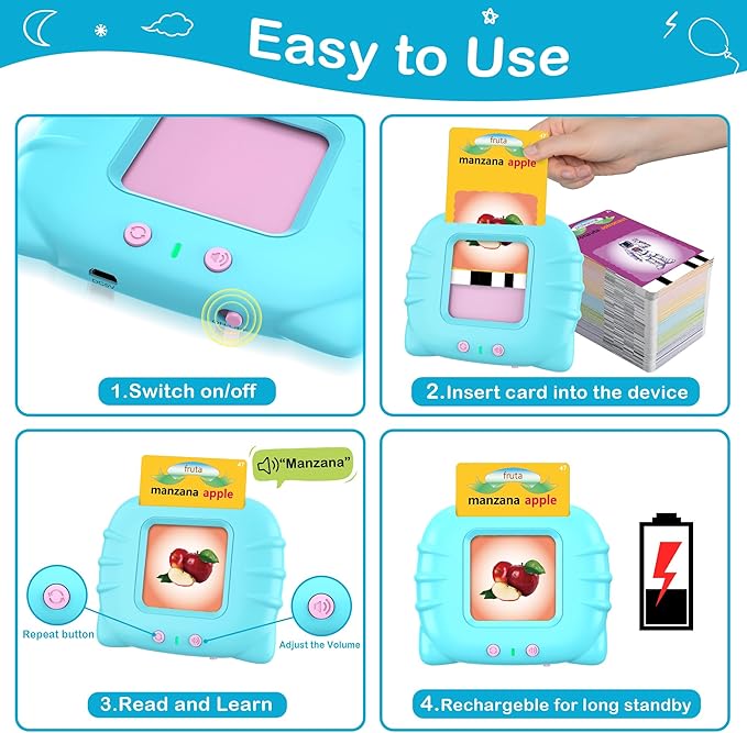 Spanish Flash Cards for Kids Toddlers 1-3, Bilingual Buddy Talking Flash Cards, Spanish Learning for Kids, Pocket Speech Therapy Toys, Montessori Language Learning Toys, 224 Sight Words