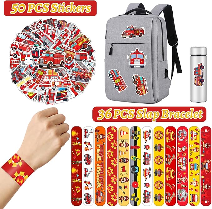 86PCS Fire Truck Party Favors 36PCS Fire Truck Slap Bracelets 50PCS Kids Fire Truck Stickers Firefighter Snap Bracelet for Kids Fire Truck Birthday Decorations Classroom Rewards Prizes