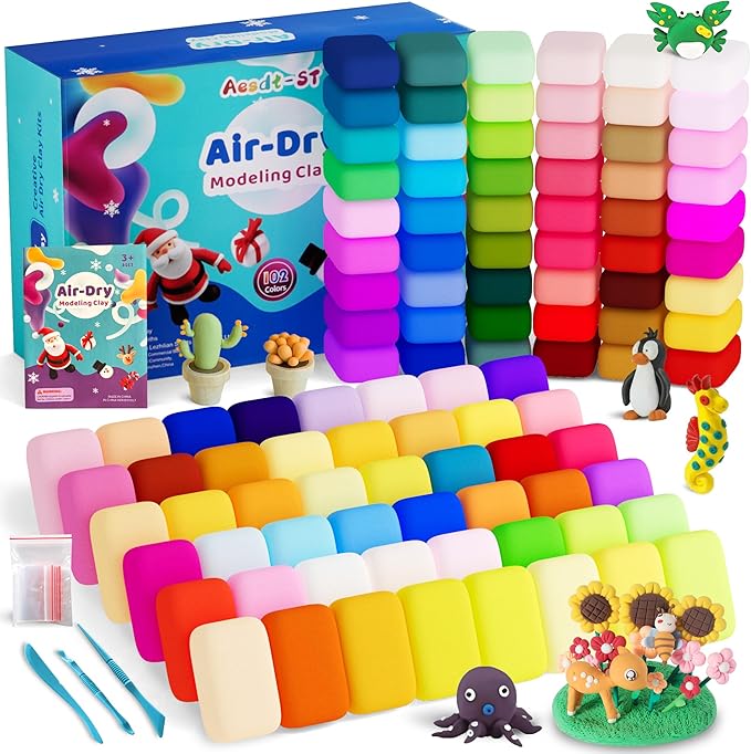 Air Dry Clay 102 Colors, Modeling Clay for Kids, DIY Model Magic Clay, Molding Clay Kit with Sculpting Tools, Non-Sticky Soft and Super Light, Arts and Crafts Gift for Boys Girls Kids.