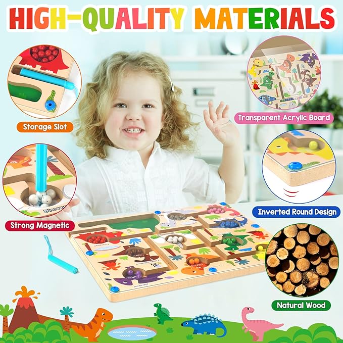 Magnetic Color and Number Maze Dinosaurs, Montessori Fine Motor Toys for 3+ Year Old, Wooden Matching Counting Educational Toys for Boys and Girls Toddlers Kids Gift