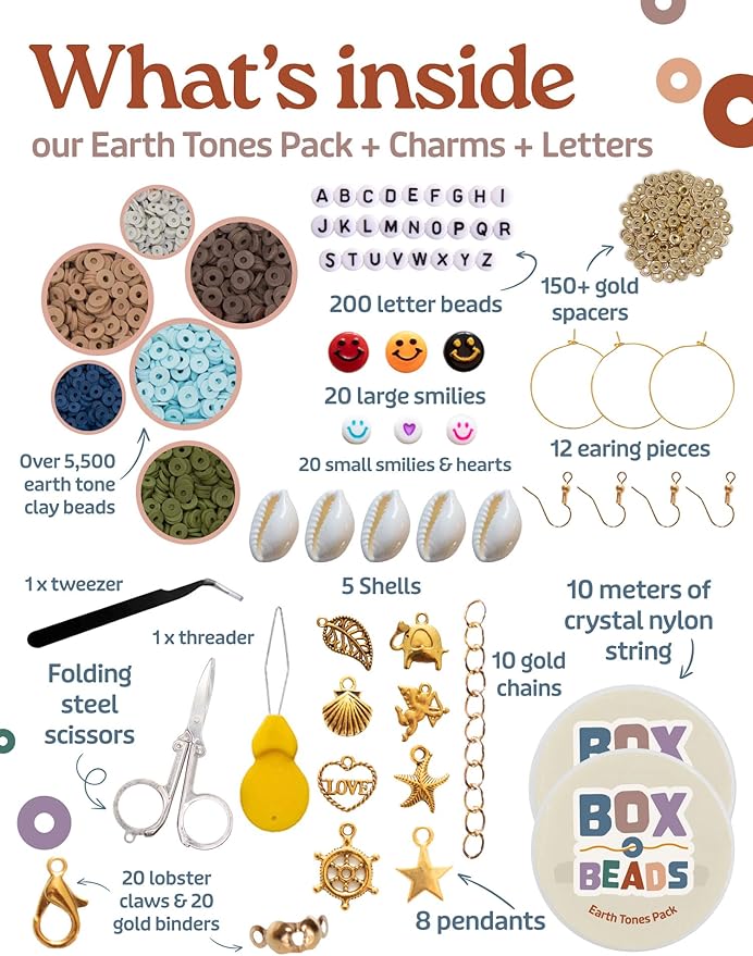 Felix LeChef Clay Bead Bracelet Making Kit for Girls Ages 10-12, 6000 Pcs Jewelry Craft Set, Neutral Earth Tones Flat Clay Heishi Bead kit and Charms for Jewelry Making, Preppy Friendship Bracelets