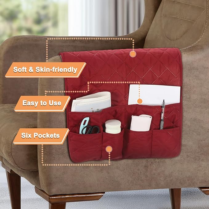 uxcell Couch Sofa Armrest Organizer Non-Slip Chair Arm Recliner Remote Control Organizer with 6 Pockets for Books, Magazines, Tablet, Phone, Wine Red
