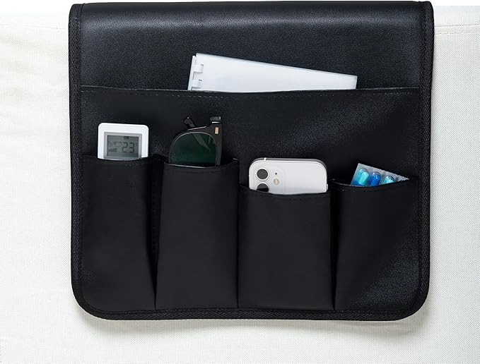 PU Leather Sofa Armrest Organizer, Armchair Magazine Holders, Waterproof Remote Holder for Recliner Couch with 1 Large Pocket, 4 Small Pockets for Magazine, Remote, Phone, Ipad, Books (Black)