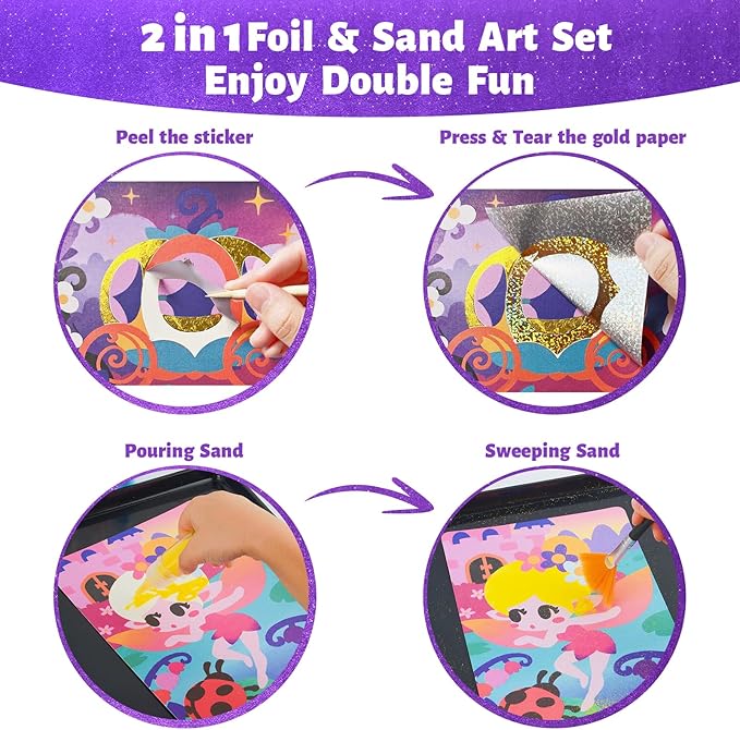 2 in 1 Foil Fun & Sand Art Kits for Kids, Princesses Crafts, No Mess DIY Creative Activity for Girls and Boys Ages 4-8, Learning Toy