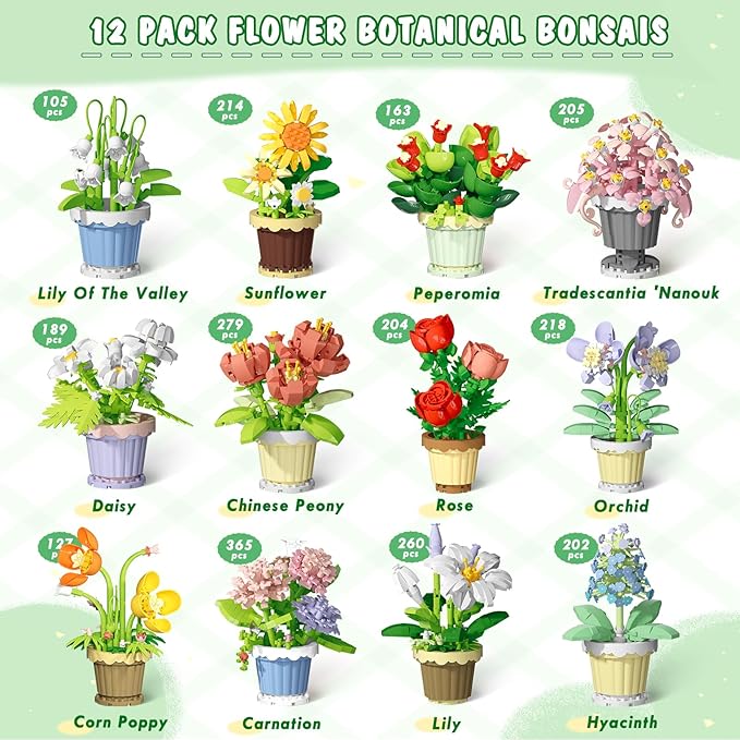 POKONBOY 12 Pack Flower Botanical Bonsai Building Set, Micro Mini Blocks Artificial Flowers DIY Plant Model for Adults, Botanical Collection Home Décor Christmas Birthday Gift (2531 Pcs)