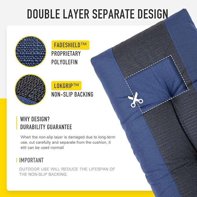 SUNROX LokGrip Non Slip Tufted Memory Foam Bench Cushion, FadeShield Water Resistant Durable Thicken Outdoor/Indoor Bench Seat Pads 59x16x4 inch, Navy