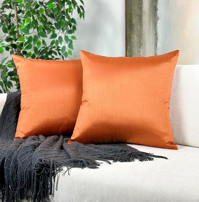Aiking Home 20x20 Inches Faux Silk Square Throw Pillow Cover, Zipper Closure, Orange (Set of 2)