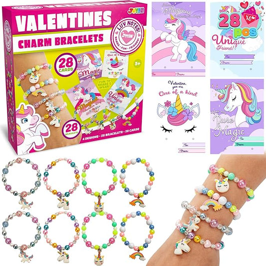 JOYIN 28 Packs Valentine‘s Day Unicorn Bracelets with Cards for Kids, Gift Cards Bracelets Party Favors for Kids Girls Valentine Classroom Exchange Day Gifts