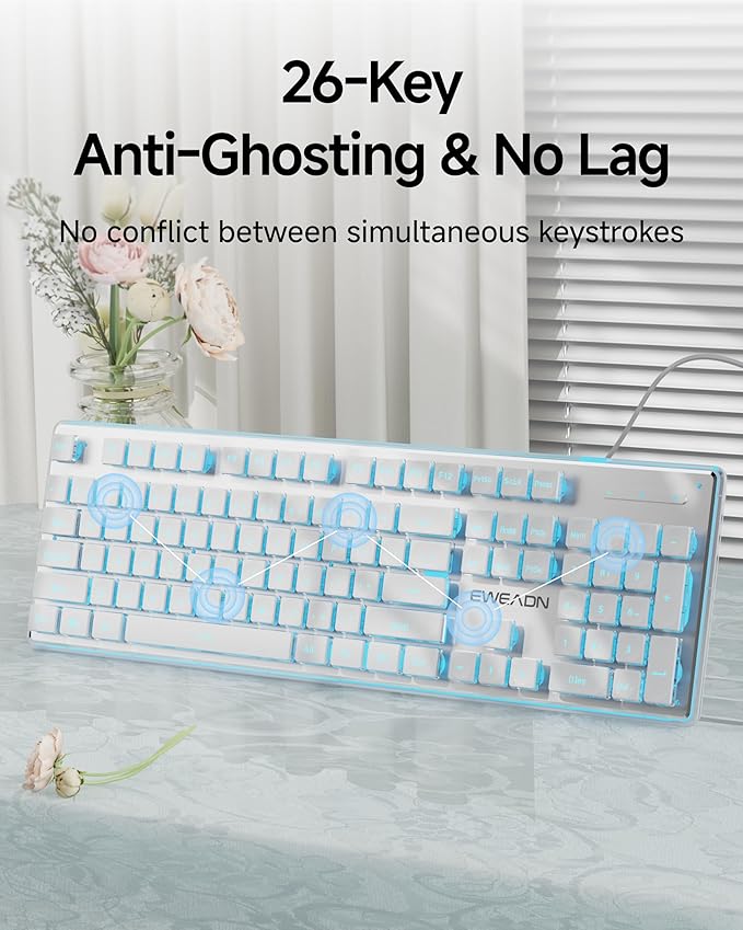 GX710S Backlit Computer Keyboards, Wired USB Keyboard with Blue Backlit, Metal Panel, Plug and Play, Pudding Keycaps Full Size Quite Computer Keyboard for Win/PC/Laptop-White