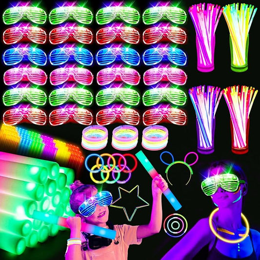 248 PCS Glow Party Supplies,New Year Party Favors 24PCS Foam Glow Sticks, 24PCS LED Glasses and 200PCS Glow Sticks Bracelets, Neon Party Favors for Glow Party, Wedding,Concert,Raves and Birthday