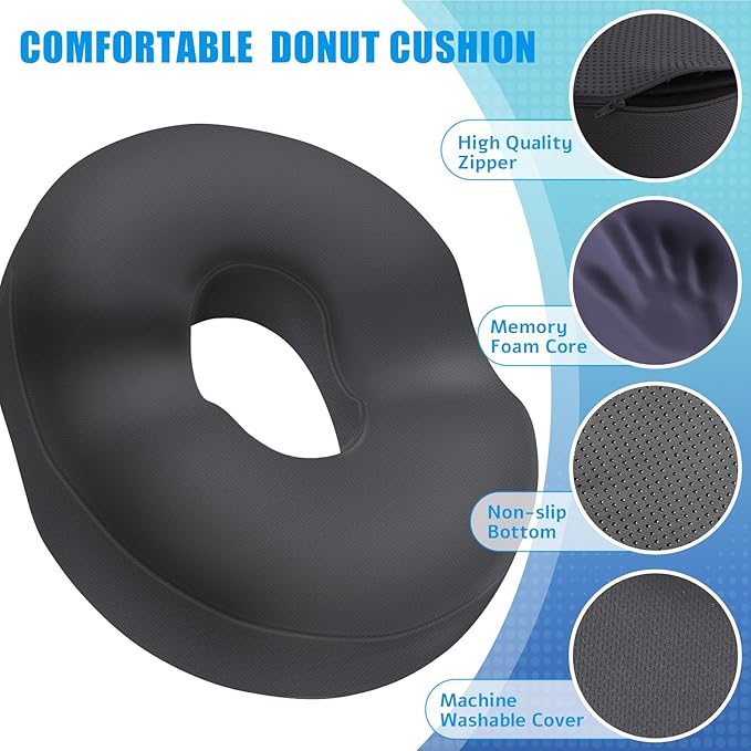 BlissTrends Donut Pillow Seat Cushion, Donut Chair Cushions for Postpartum Pregnancy & Hemorrhoids, Tailbone Pain Relief Cushion, Memory Foam Lifting Cushions for Office & home Chairs (Grey, XX-Large)