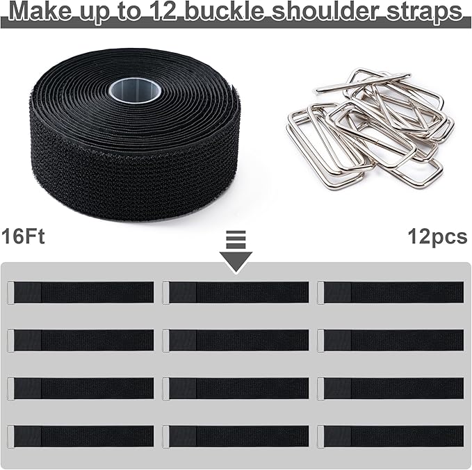 2" x16Ft Hook and Loop Straps Cinch Straps Heavy Duty with 12 Metal Buckles, Adjustable Fastening Cable Straps, Free Cut Length, Reusable Nylon Cable Ties for Organizer or Storage, 2 inch Wide Black