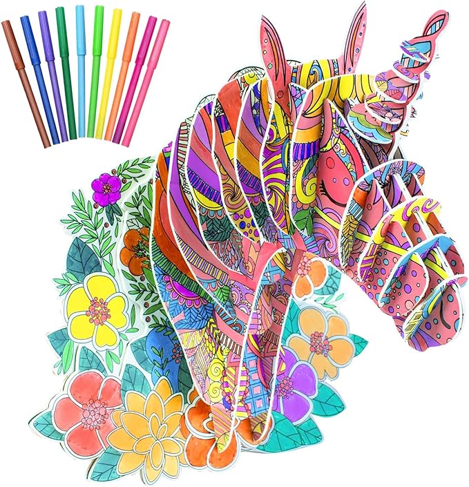 3D Coloring Unicorn Puzzles for Kids, DIY Crafts and Arts Set for girls Ages 6-8,8-10,Drawing Puzzles with 10 Colouring Pens Stocking Stuffers Toys Christmas Gifts for Kids Age 6 7 8 9 10 11 12