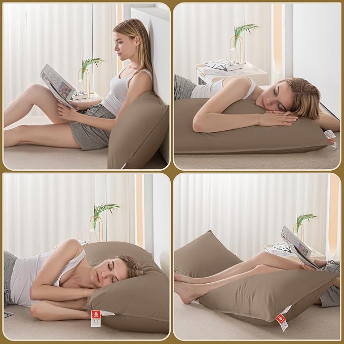 Goose Down Body Pillows for Adults, Large Body Pillow for Side Sleeper, Hugging Feather Body Pillow Insert, Cooling Full Length Long Pillow for Bed with 100% Organic Cotton Shell, (Chocolate 20"x72")