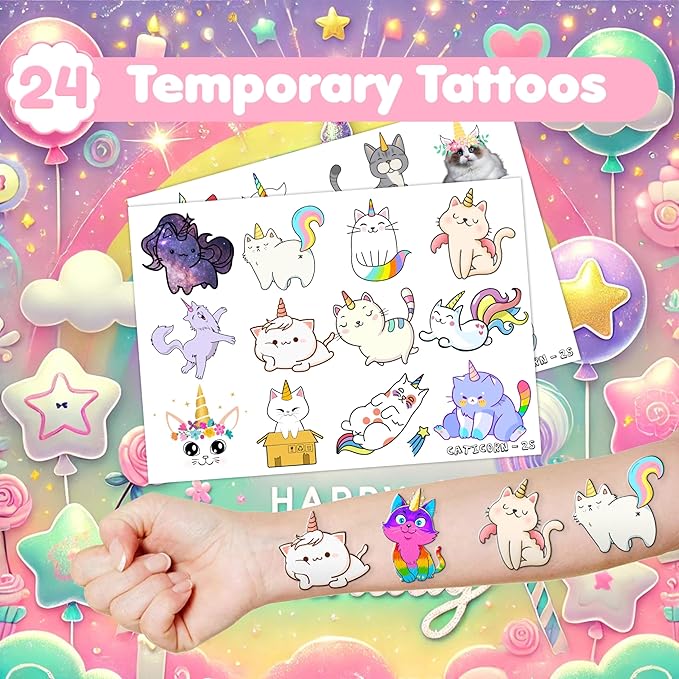 48PCS Caticorn Party Favors - 24PCS Tattoos & 24PCS Slap Bracelets - Cat Unicorn Birthday Supplies, Kitty-Themed Decorations, Classroom Prizes, Gifts for Girls & Boys