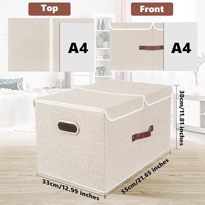 TYEERS Extra Large Collapsible Storage Bins with Lids and Compartments, Washable, Fabric Storage Boxes, 21.7x13x11.8 inches, 3 Pack, Beige