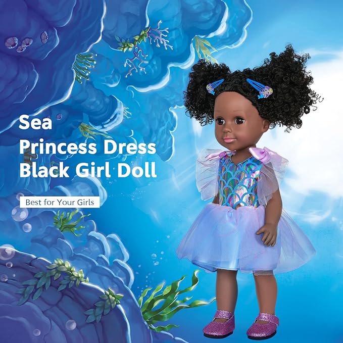 14.5 Inch Black Dolls Realistic Baby Doll Clothes and Accessories,Silicone African Baby Doll with Doll Princess Deep Sea Theme Dress Best Gift for Girls Kids