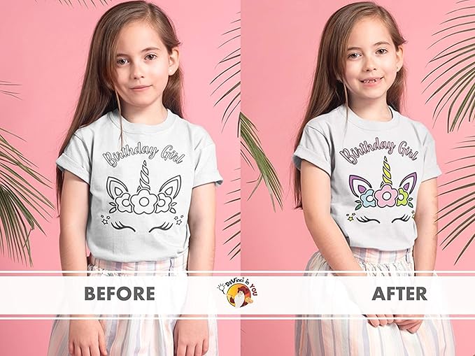 Coloring Shirt for Girls - Kit with 10 Fabric Markers and Alphabet Stencil (Birthday Unicorn, 8/9)