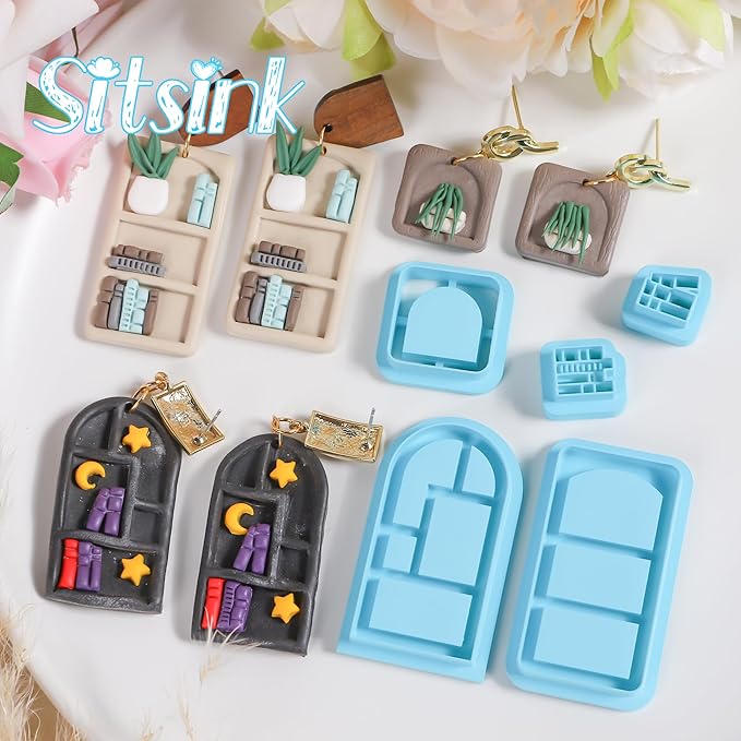 Sitsink Back to School Clay Cutters - 14 Pcs Bookcase Clay Cutters for Polymer Clay Earrings, Bookshelf Potted Plant Polymer Clay Earring Cutters, 3D School Books Polymer Clay Cutters for Jewelry