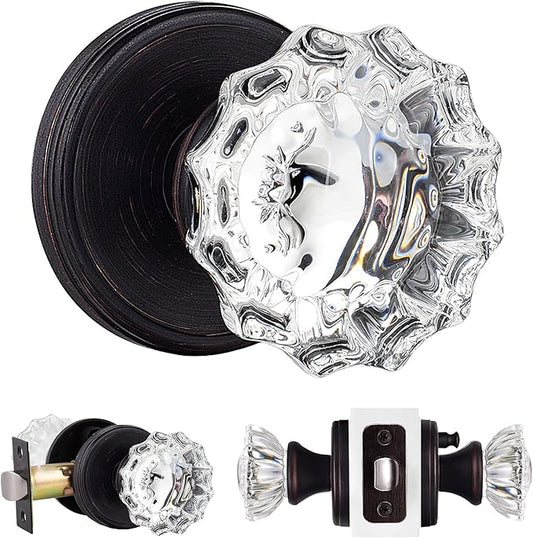 SHINY HANDLES Glass Door Knobs Interior with Lock, Privacy Crystal Door Knob for Bedroom and Bathroom (Venetian Bronze,1Pack)