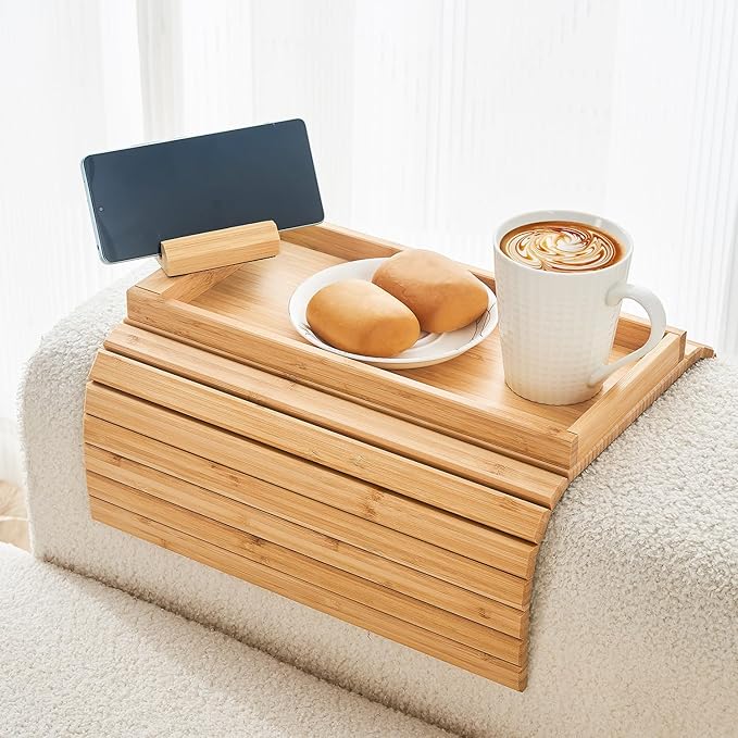 Bamboo Sofa Arm Tray, Anti Falling Couch Arm Tray Armrest Table with 360° Rotating Phone Holder, Foldable and Portable Sofa Armrest Trays Cup Holder for Drink,Cups, Phone, Snacks, Remote