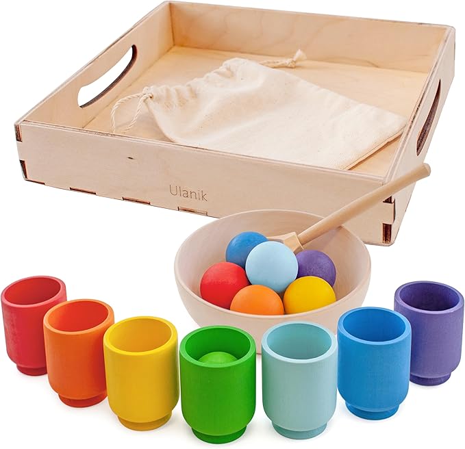Ulanik Rainbow Balls in Cups Toddler Montessori Toys for 1+ Year Old Kids Wooden Matching Game for Learning Color Sorting and Counting — 7 Balls, 1.18 in
