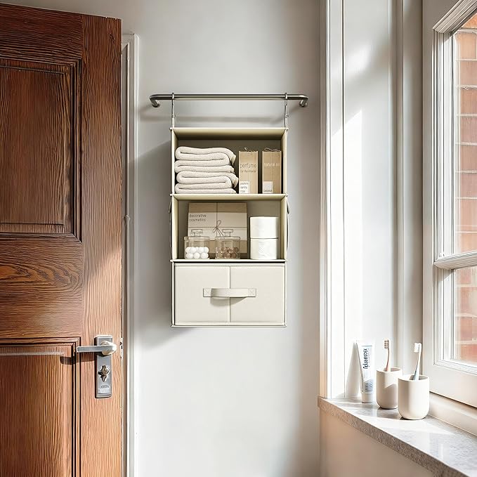 Vailando 3-Shelf Hanging Closet Organizer, Set of 2 Hanging Shelves with 2 Drawers for Wardrobe, Nursery, Baby Clothes Storage and Organization, Beige