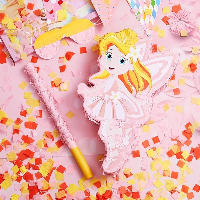 Lewtemi 4 Pcs Fairy Princess Piñata Set 15.7 x 12.5 x 3" Pink Piñata with Stick Blindfold Colorful Confetti, Small Piñata for Girl Princess Theme Birthday Party Supplies, Baby Shower, Kid Piñata Party