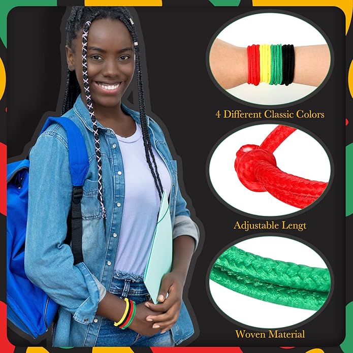 Kigeli 400 Pieces Black History Month Friendship Bracelets Bulk Neon Rope Bracelets in 4 Assorted Colors Adjustable Green Red Gold Bracelets Rope Woven Bracelets for Black History Month Party Decor