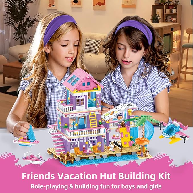 955 Piece Beach House Building Set,Seaside Beach Villa Building Toys Friends Vacation Hut Blocks Set,STEM BuildingToys with Helicopter,Yacht,Sailboat,Christmas Birthday Gift for Girl Age 6-12+